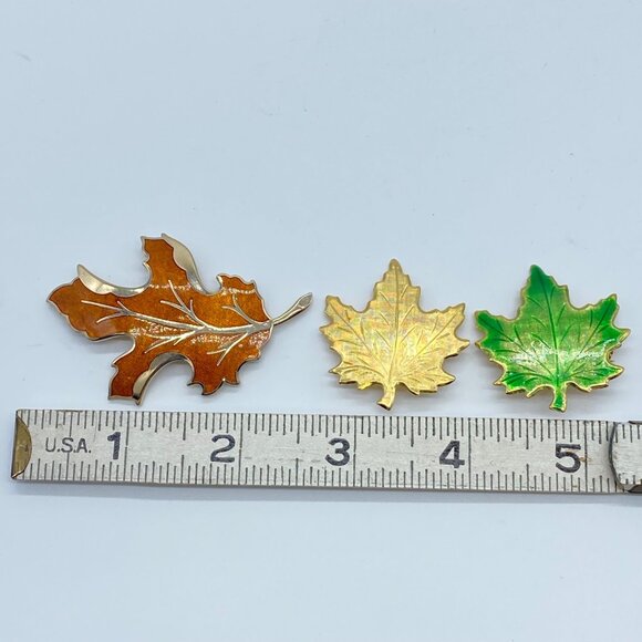 Vintage Gold Tone Enamel Maple Leaf Brooch Pins Set Of 3 Gold Green & Brown - Picture 10 of 10